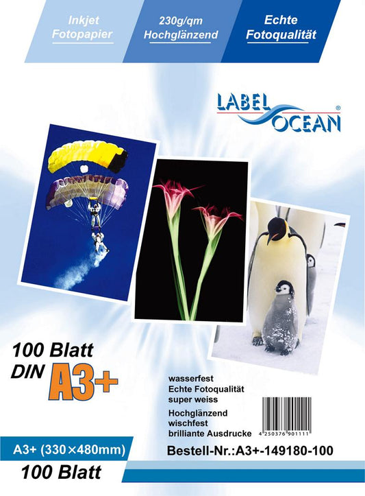 100 sheets of A3plus 230g/m² photo paper HGlossy+waterproof from LabelOcean A3+-149230-100