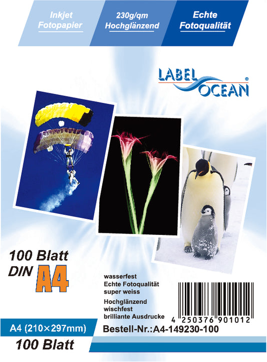 100 sheets of A4 230g/m² photo paper HGlossy+waterproof from LabelOcean A4-149-230