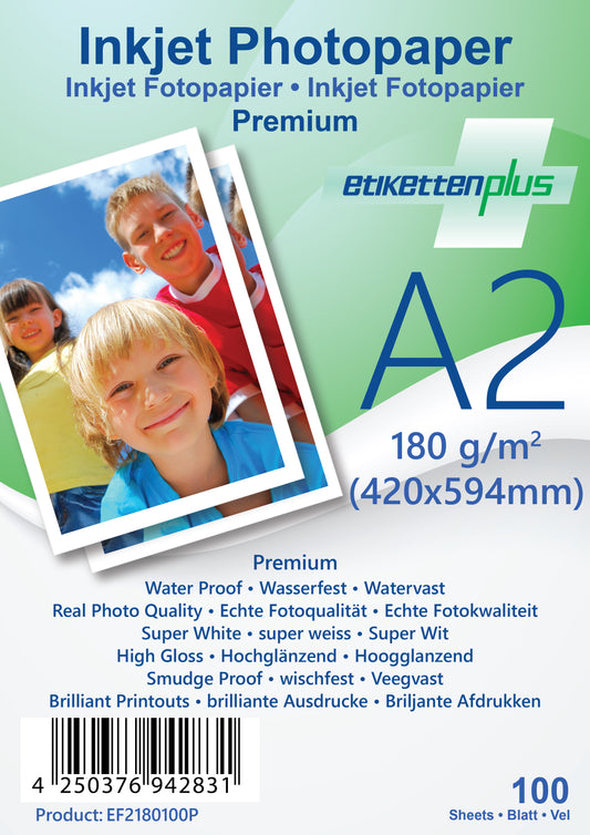 100 sheets A2 420x594mm 180g/m² PREMIUM photo paper high gloss + waterproof from EtikettenPlus EF2180100P