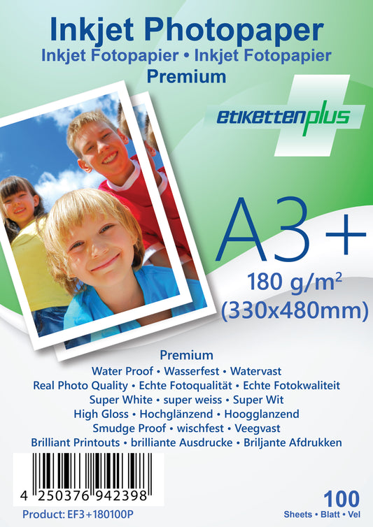 100 sheets A3+ 330x480mm 180g/m² PREMIUM photo paper high gloss + waterproof from EtikettenPlus EF3+180100P