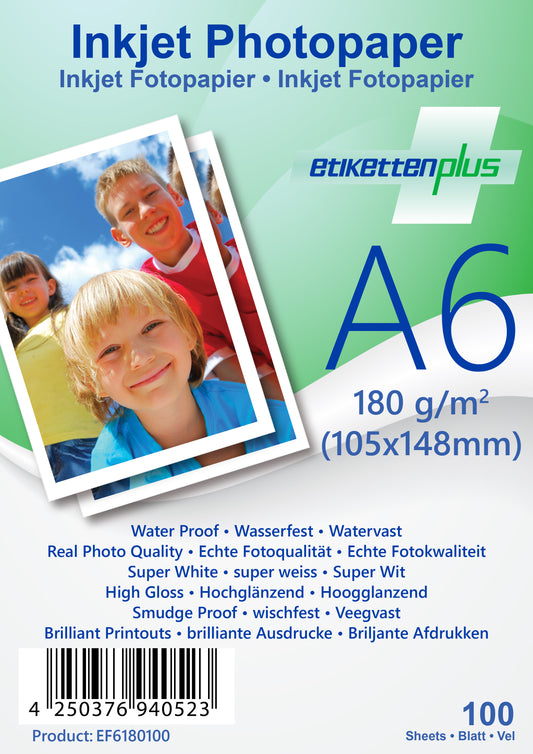 100 sheets of A6 180g/m² photo paper glossy + waterproof from EtikettenPlus  EF6180100