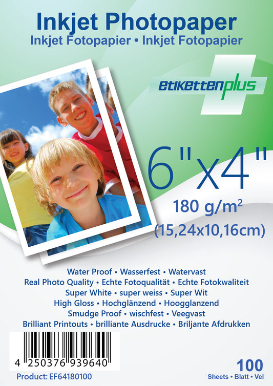 100 sheets of 6"x4" 180g/m² photo paper glossy+waterproof from EtikettenPlus EF64180100