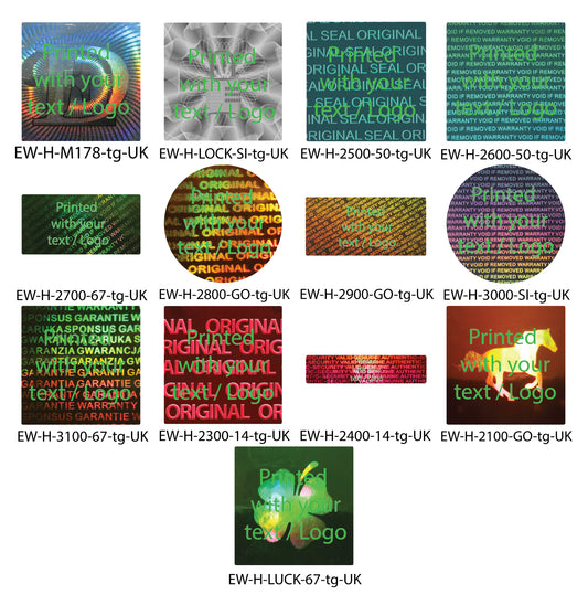 Hologram sticker, guarantee seal, security label printed in green with your desired text from LabelsWorld BV