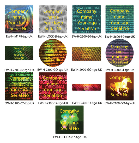 Hologram sticker, guarantee seal, security label printed in glossy gold with your desired text from LabelsWorld BV