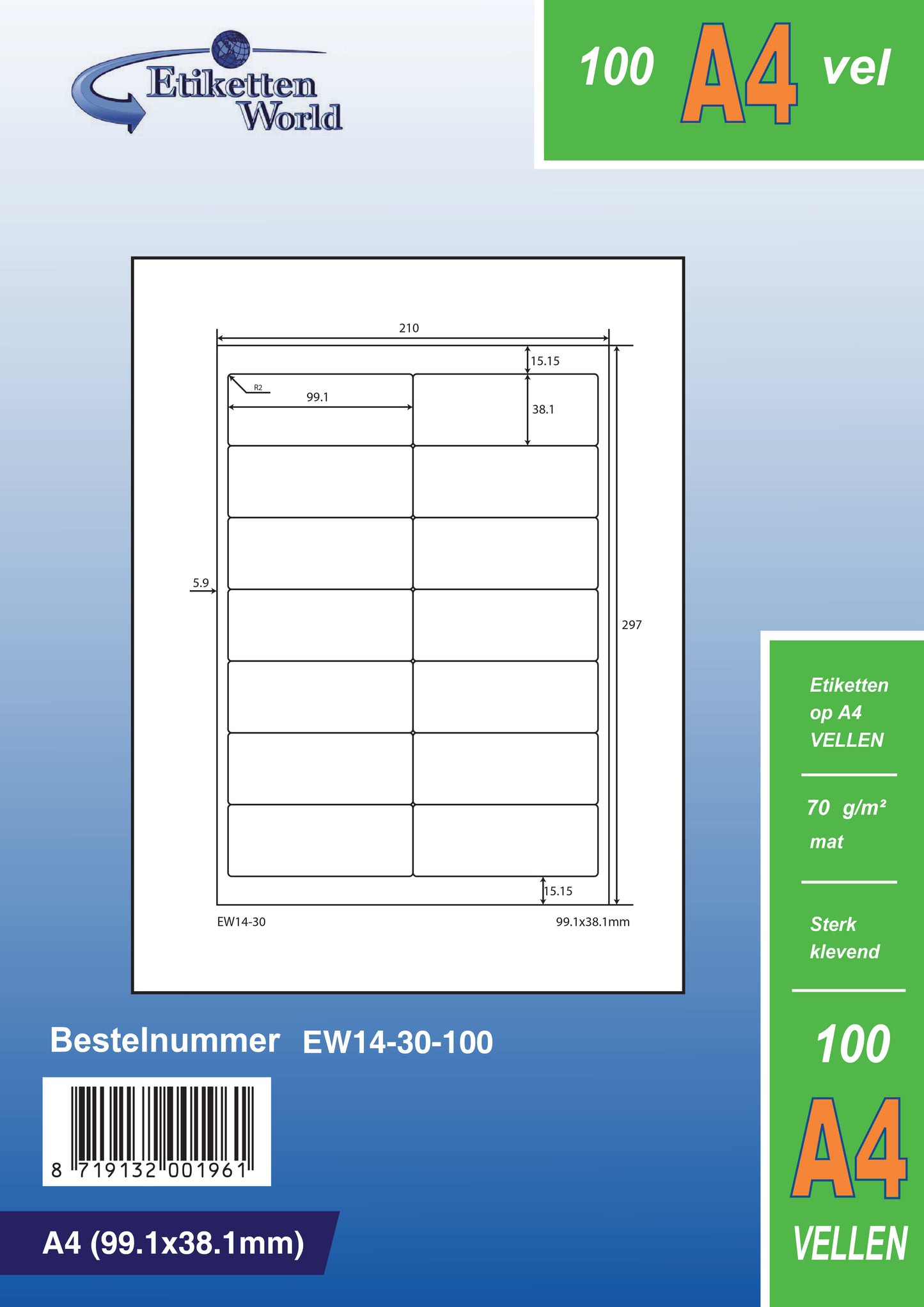 7000 universal labels 99.1x38.1mm, on 500 DIN A4 sheets, matte, self-adhesive, 70g EW14-30 from Etikettenworld EW14-30