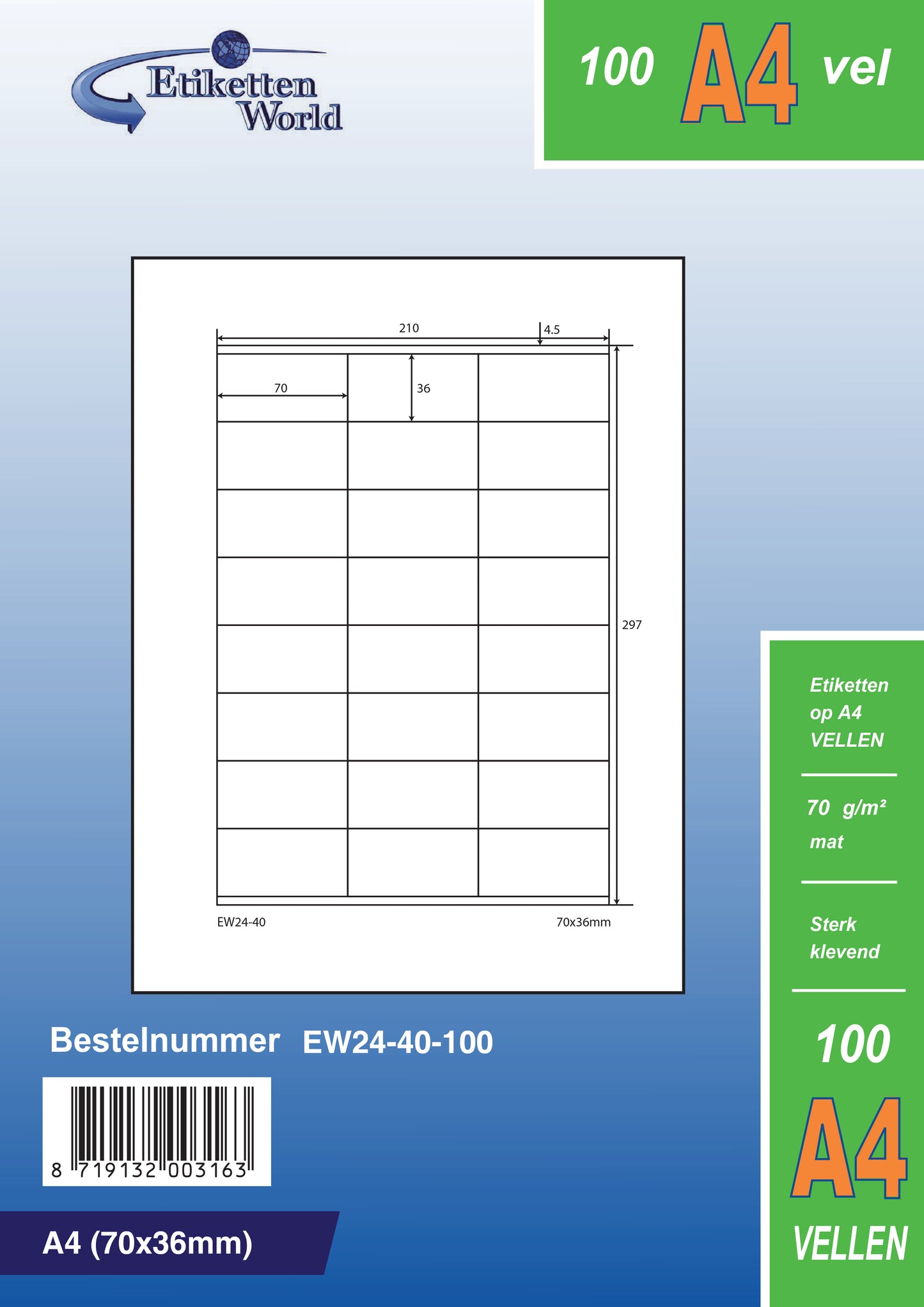 12000 universal labels 70x36mm, on 500 DIN A4 sheets, matte, self-adhesive, 70g EW24-40 from Etikettenworld EW24-40