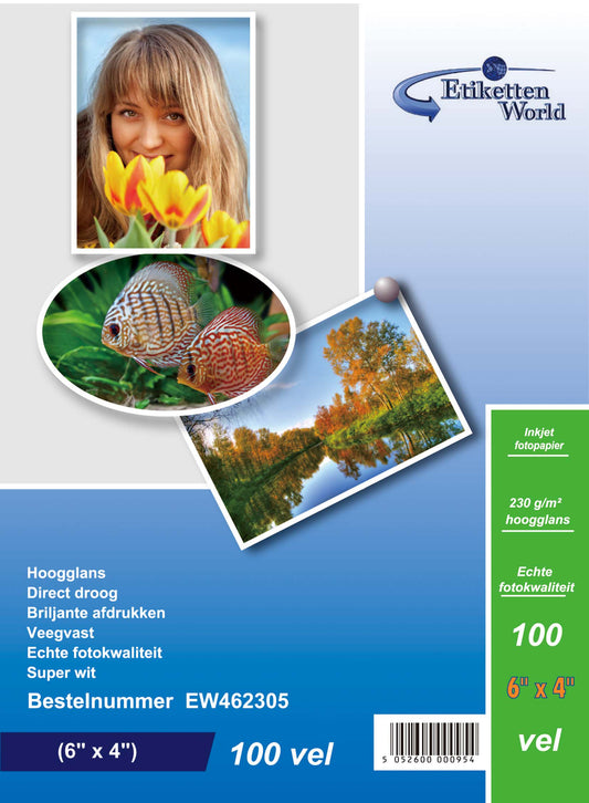 100 sheets of EtikettenWorld BV photo paper/photo cards 6"x4" 230g/sqm High Glossy and waterproof EW462305