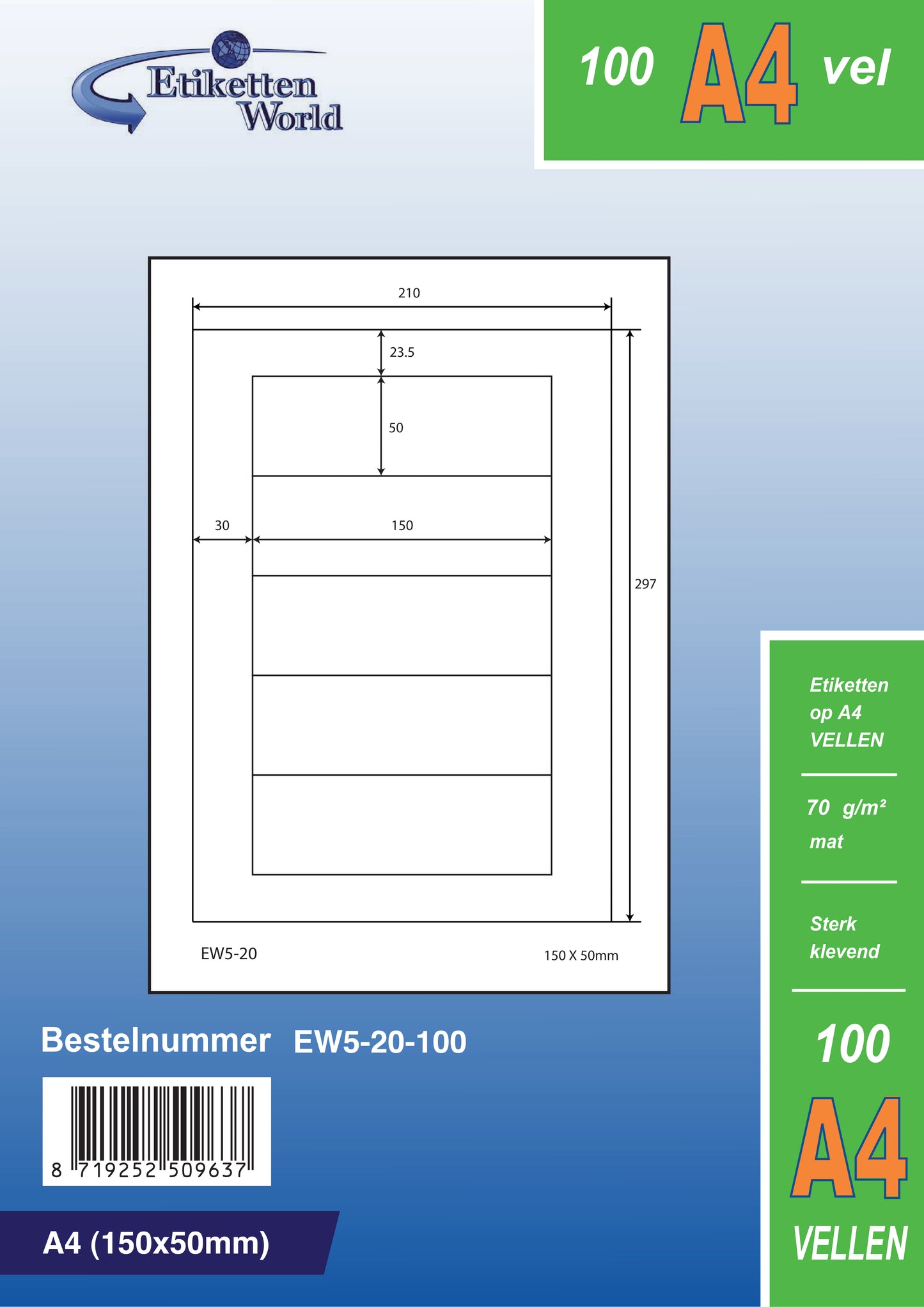 2500 universal labels 150x50mm, on 500 Din A4 sheets, matte, self-adhesive, 70g EW5-20 from Etikettenworld EW5-20