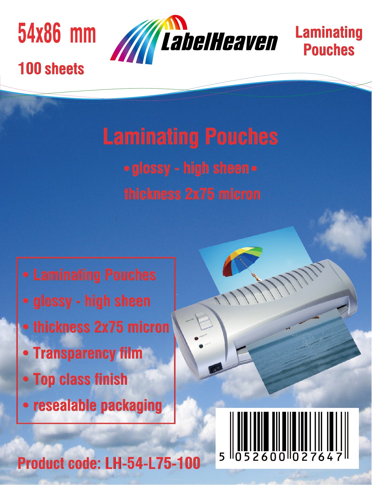 100 sheets of 54x86mm laminating films/lamination bags glossy from LabelHeaven Ltd. LH-54-L75-100