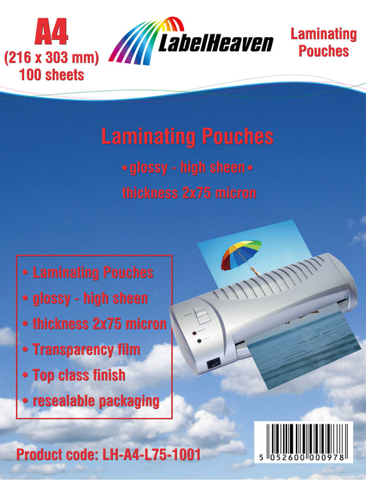 100 sheets of A4 laminating pouches glossy from LabelHeaven Ltd. LH-A4-L75-1001