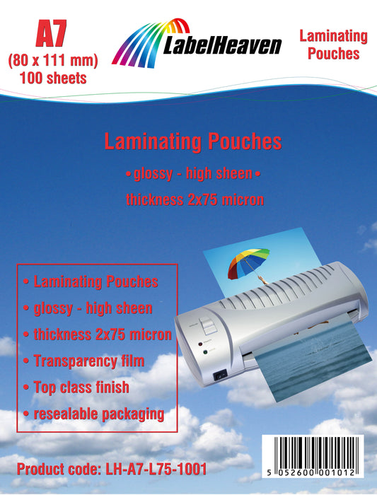 100 sheets of A7 laminating pouches glossy from LabelHeaven Ltd. LH-A7-L75-1001