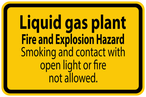 Construction site sticker "Liquid gas palnt Fire and Explosion Hazard Smoking and contact with open light or firenot allowed" yellow LH-BAU-1270