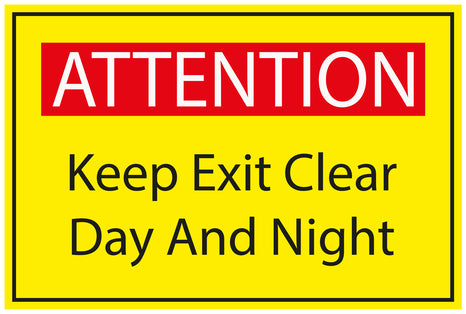 Construction site sticker "ATTENTION Keep exit clear day and night" yellow LH-BAU-1820