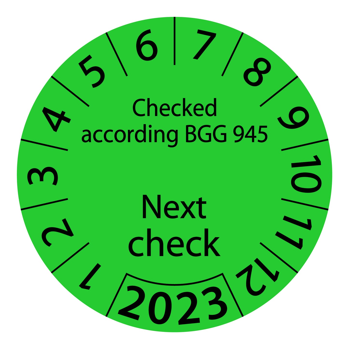 One-year test labels, tested according to BGG 945 Next test date, starting year: 2023 made of paper or plastic ES-PRBGG945NP-1-2023
