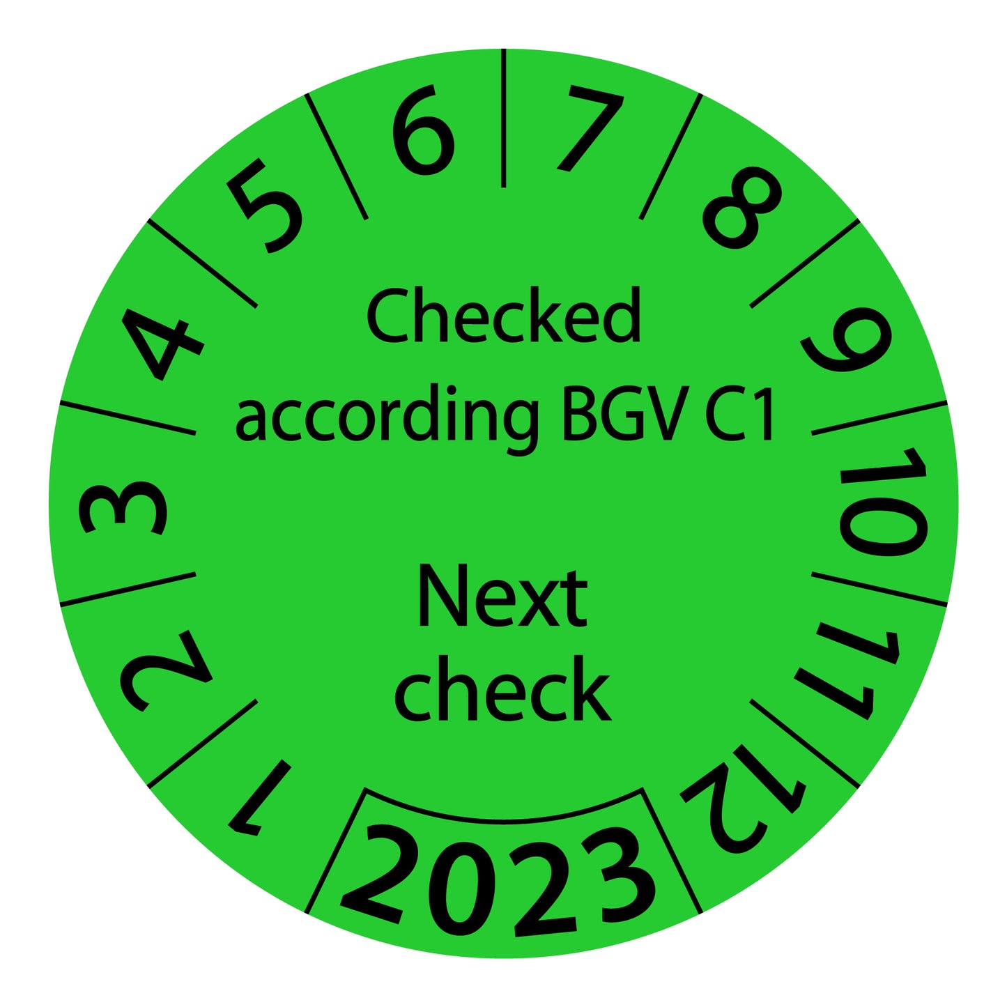 One-year test labels, tested according to BGV C1 Next test date, starting year: 2023 made of paper or plastic ES-PRBGVC1NP-1-2023