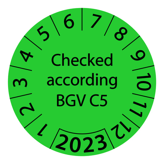 One-year test labels, tested according to BGV C5, starting year: 2023 made of paper or plastic ES-PRBGVC5-1-2023