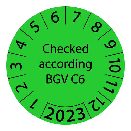 One-year test labels, tested according to BGV C6, starting year: 2023 made of paper or plastic ES-PRBGVC6-1-2023