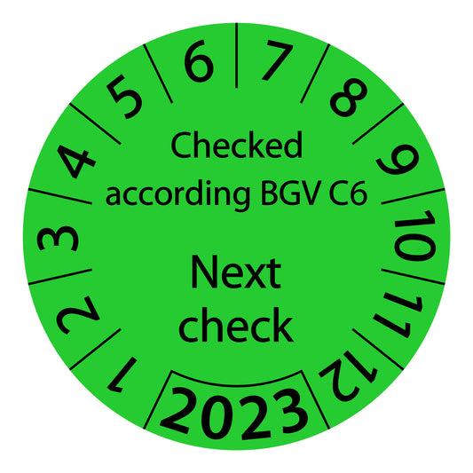 One-year test labels, tested according to BGV C6 Next test date, starting year: 2023 made of paper or plastic ES-PRBGVC6NP-1-2023