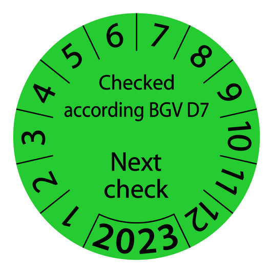 One-year test labels, tested according to BGV D7 Next test date, starting year: 2023 made of paper or plastic ES-PRBGVD7NP-1-2023