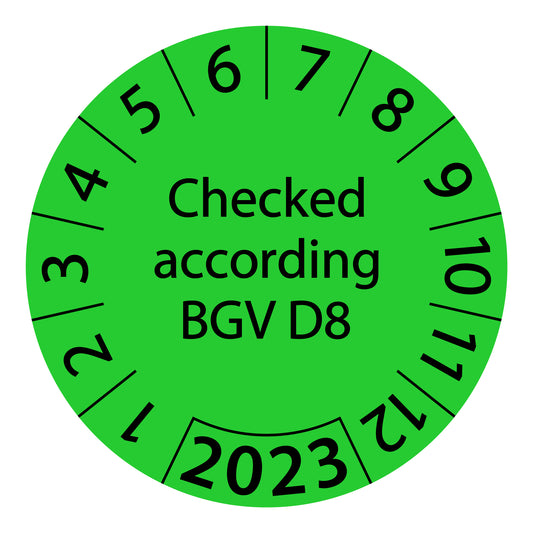 One-year test labels, tested according to BGV D8, starting year: 2023 made of paper or plastic ES-PRBGVD8-1-2023