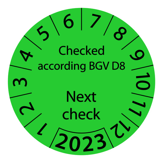 One-year test labels, tested according to BGV D8 Next test date, starting year: 2023 made of paper or plastic ES-PRBGVD8NP-1-2023