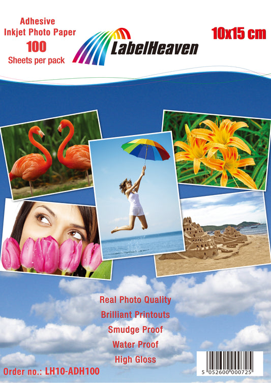 100 sheets of 10x15cm photo paper self-adhesive High-gloss + water-resistant from LabelHeaven LH10-ADH100