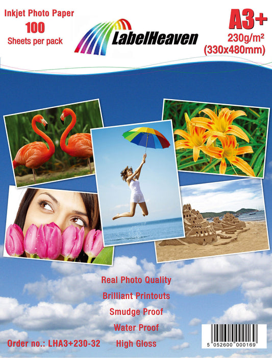 100 sheets of A3+ 230g/m² photo paper HGlossy+waterproof from Labelheaven LHA3+230-32