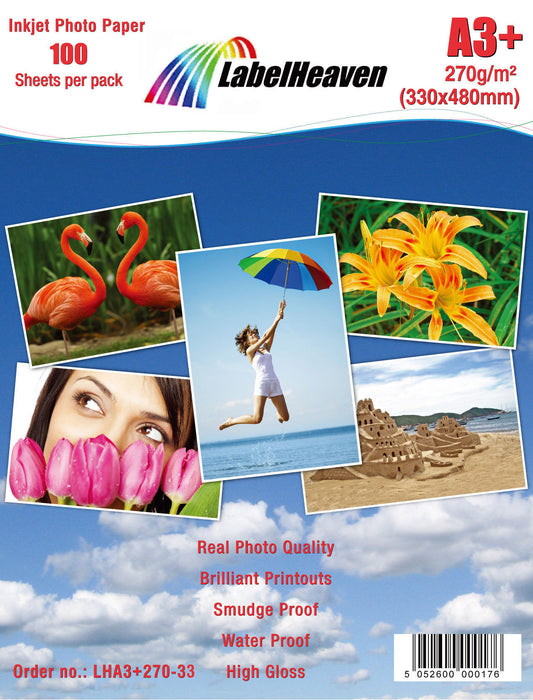 100 sheets of A3+ 270g/m² photo paper HGlossy+waterproof from Labelheaven LHA3+270-33