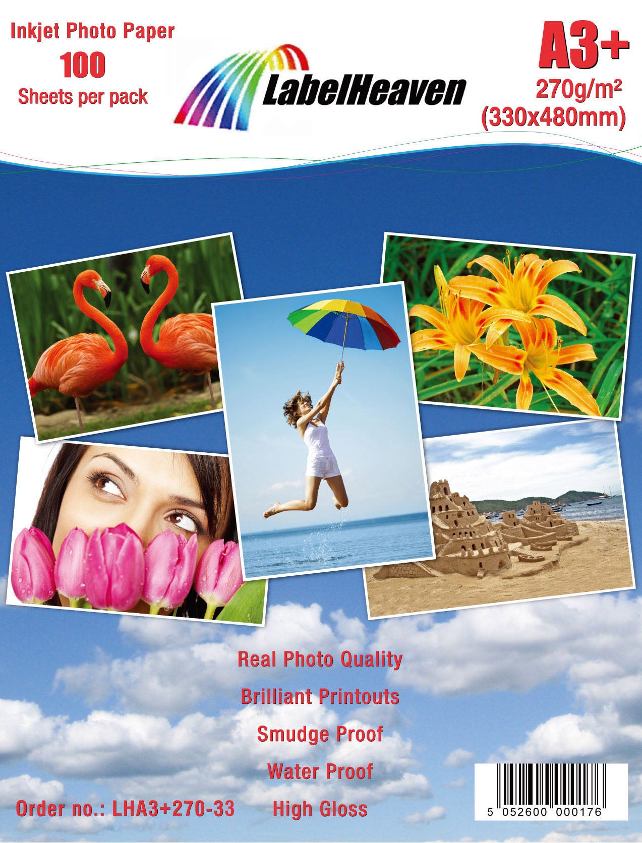 100 sheets of A3+ 270g/m² photo paper HGlossy+waterproof from Labelheaven LHA3+270-33