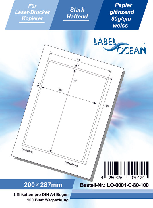 100 universal labels 200x287mm, on 100 DIN A4 sheets, glossy, self-adhesive LO-0001-C-80