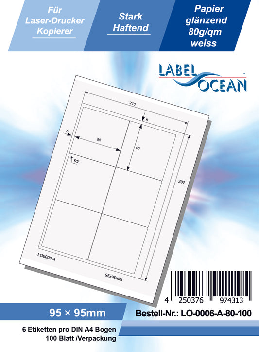 600 universal labels 95x95mm, on 100 Din A4 sheets, glossy, self-adhesive LO-0006-A-80