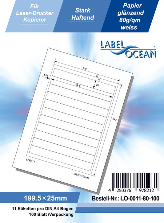 1100 universal labels 199.5x25mm, on 100 Din A4 sheets, glossy, self-adhesive LO-0011-80