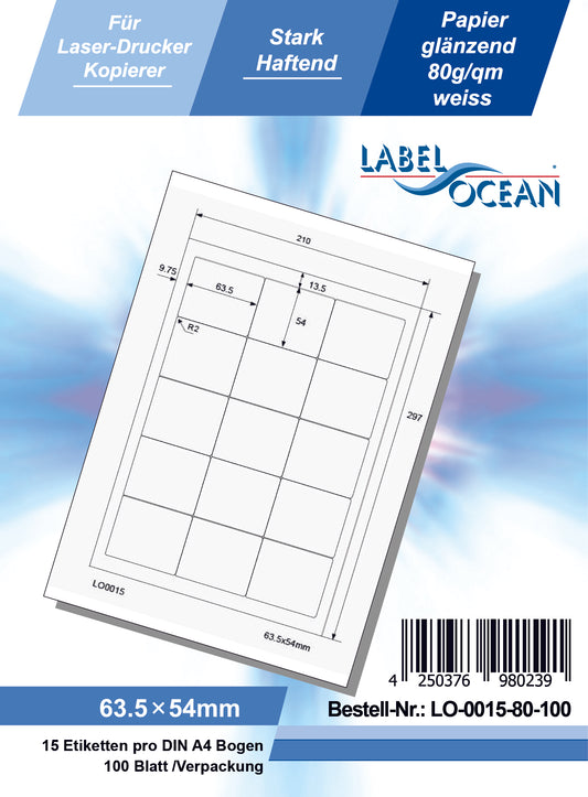 1500 universal labels 63.5x54mm, on 100 Din A4 sheets, glossy, self-adhesive LO-0015-80