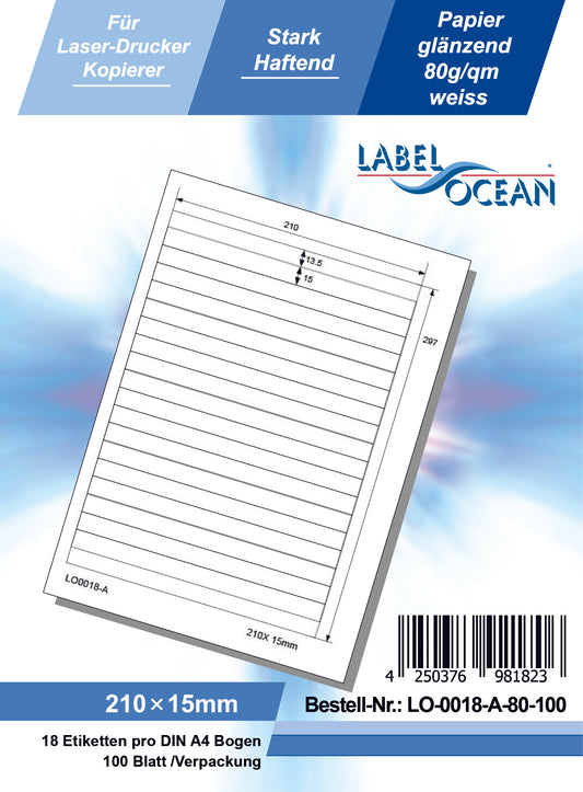 1800 universal labels 210x15mm, on 100 Din A4 sheets, glossy, self-adhesive LO-0018-A-80