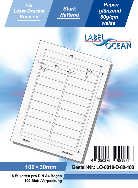1800 universal labels 100x30mm, on 100 Din A4 sheets, glossy, self-adhesive LO-0018-D-80