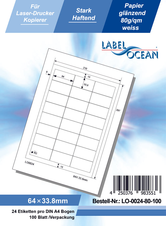 2400 universal labels 64x33.8mm, on 100 Din A4 sheets, glossy, self-adhesive LO-0024-80