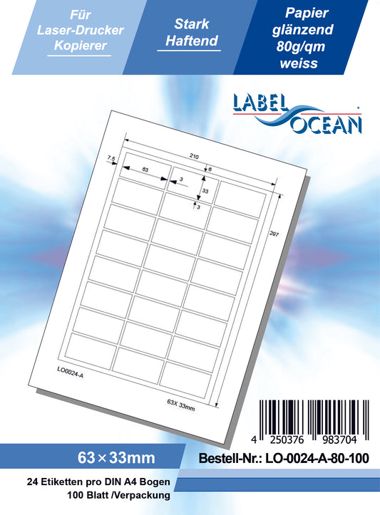 2400 universal labels 63x33mm, on 100 Din A4 sheets, glossy, self-adhesive LO-0024-A-80