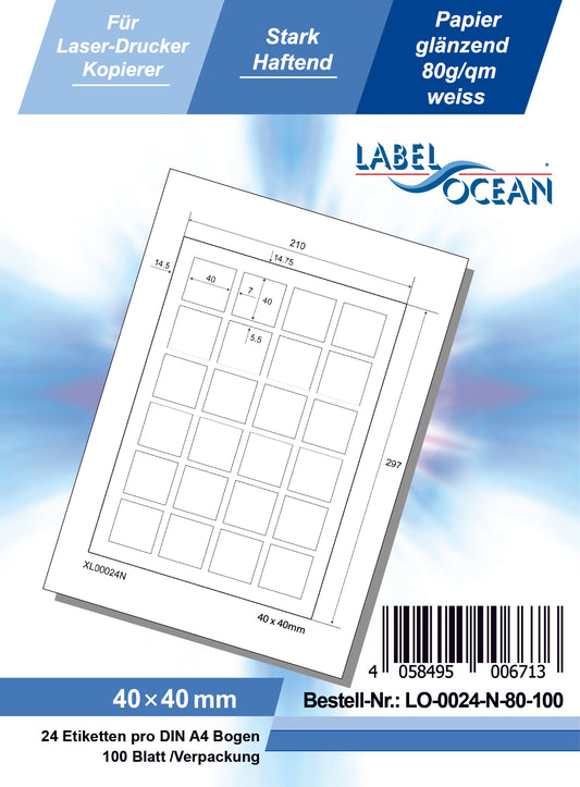2400 universal labels 40x40mm, on 100 Din A4 sheets, glossy, self-adhesive LO-0024-N-80