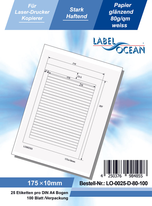 2500 universal labels 175x10mm, on 100 Din A4 sheets, glossy, self-adhesive LO-0025-D-80