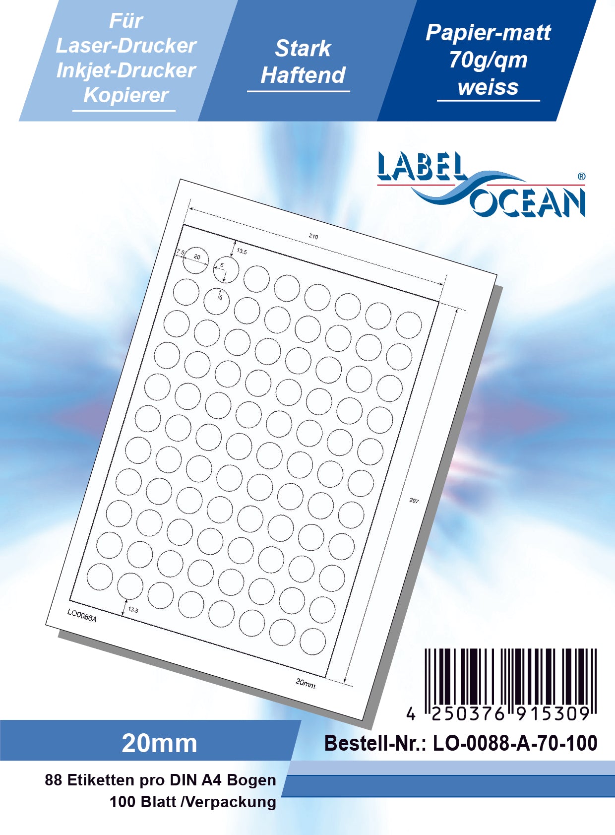 100 DIN A4 sheets 20mm round 70g ES0088A-70-0