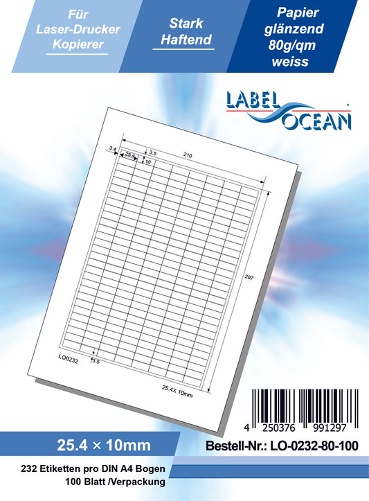 23200 universal labels 25.4x10mm, on 100 Din A4 sheets glossy, self-adhesive LO-0232-80