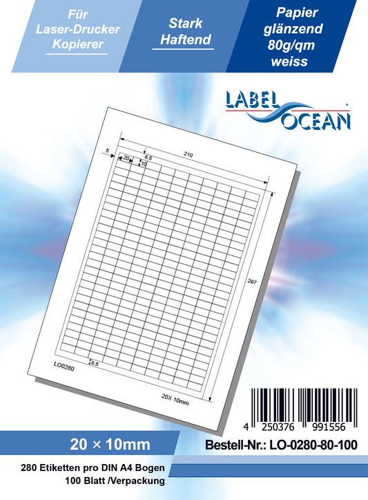 28,000 universal labels 20x10mm, on 100 Din A4 sheets, glossy, self-adhesive LO-0280-80