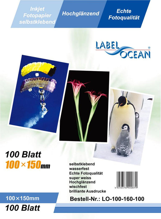 100 sheets of 10x15cm photo paper self-adhesive HighGlossy + waterproof from LabelOcean LO100160100