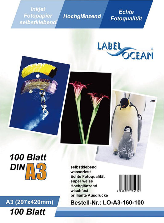 100 sheets A3 photo paper self-adhesive High-gloss + water-resistant from LabelOcean LOA3160100