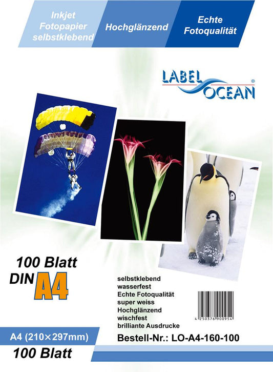 100 sheets A4 photo paper self-adhesive High-gloss + water-resistant from LabelOcean LOA4160100