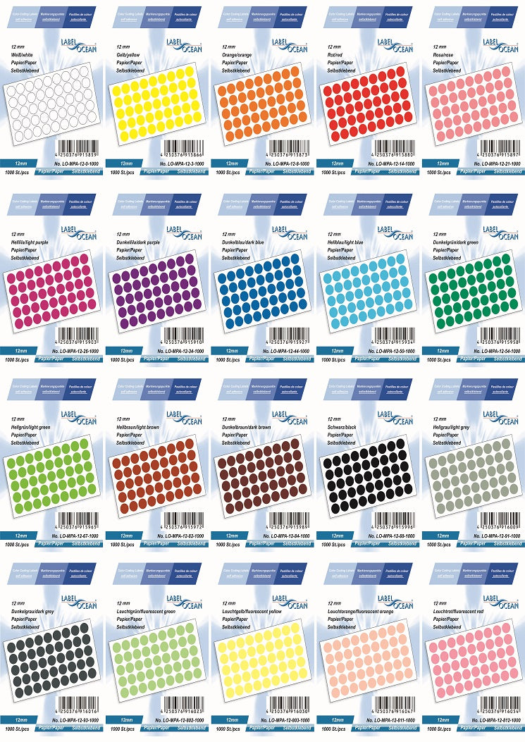 Marking dots 12 mm made of self-adhesive paper on sheets of MPA-12