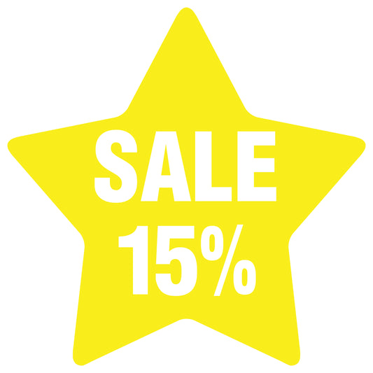 Promotional stickers star-shaped "Sale 15%" 2-7 cm LH-SALE-3015-ST-10-3-0
