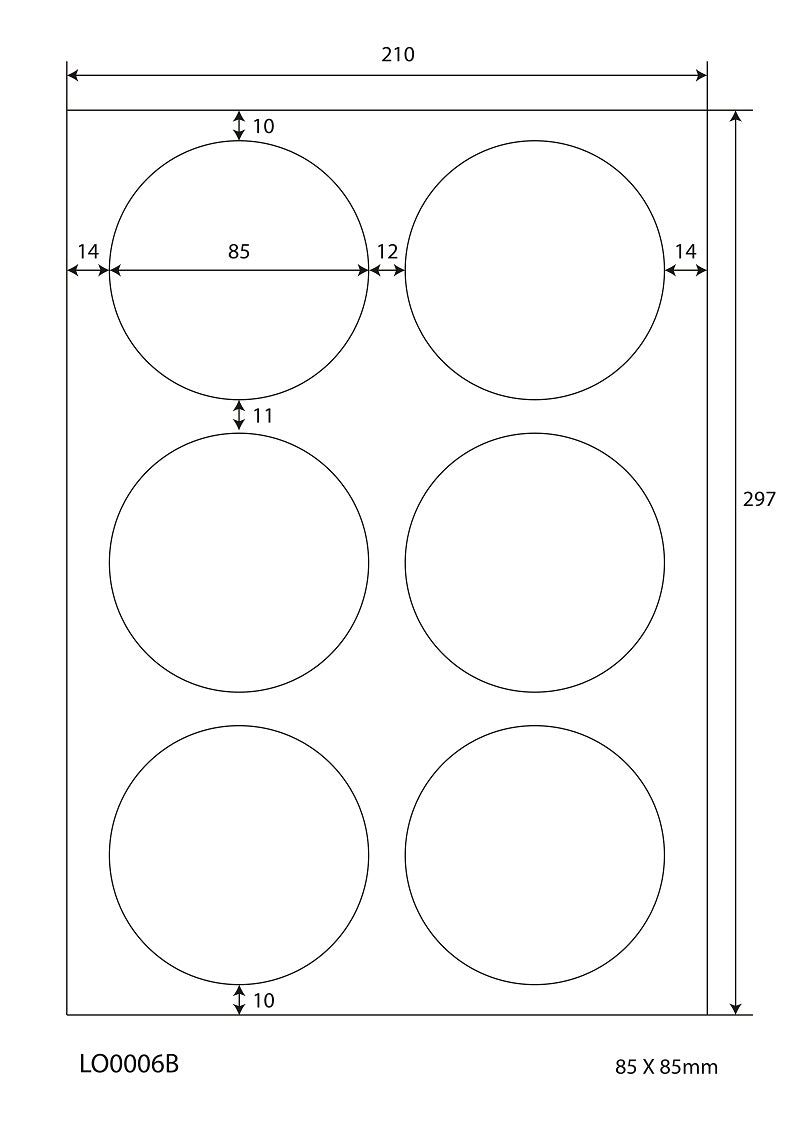 600 universal labels 85mm round, on 100 Din A4 sheets, glossy, self-adhesive LO-0006-B-80