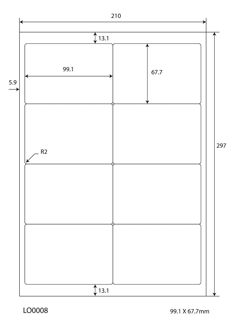 800 universal labels 99.1x67.7mm, on 100 Din A4 sheets, glossy, self-adhesive LO-0008-80