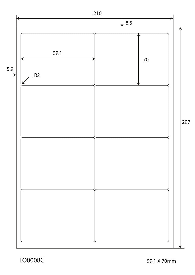800 universal labels 99.1x70mm, on 100 Din A4 sheets, glossy, self-adhesive LO-0008-C-80
